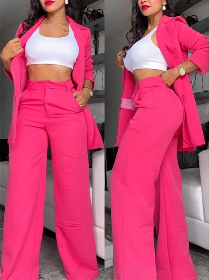 Cross-Border 2025 European and American Export Summer Women's Clothing Elegant Pure Color Slit Sleeves Lapel Suit Straight Pants Suit for Women