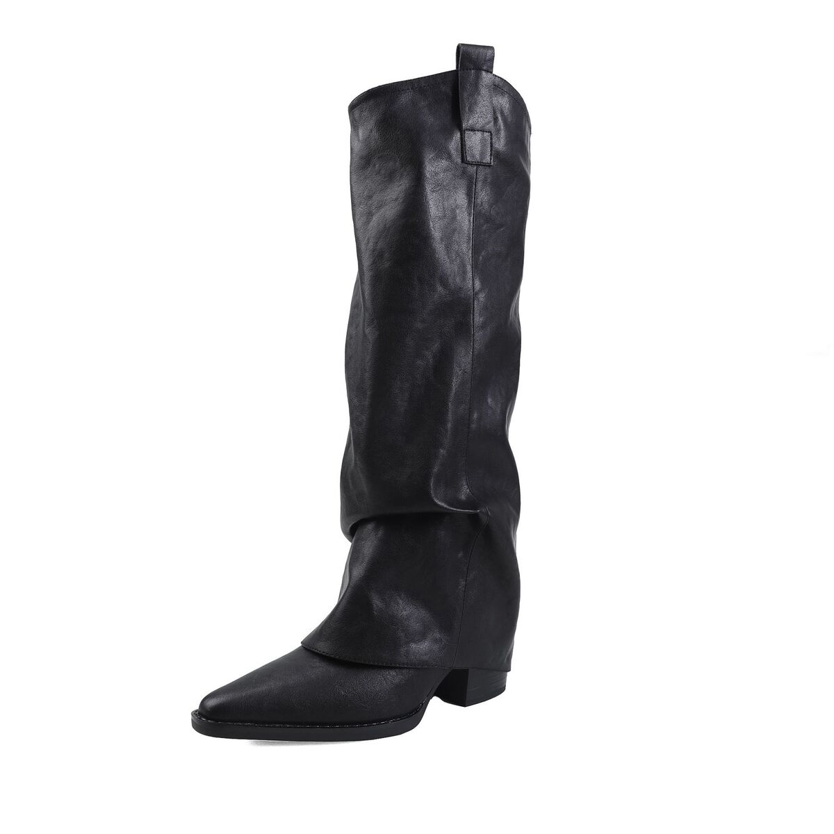 Boot nữ cổ cao gót thô mũi nhọn phối khóa kéo da bò — Lót nhung đen, Lót nhung màu nâu, màu đen, Màu nâu