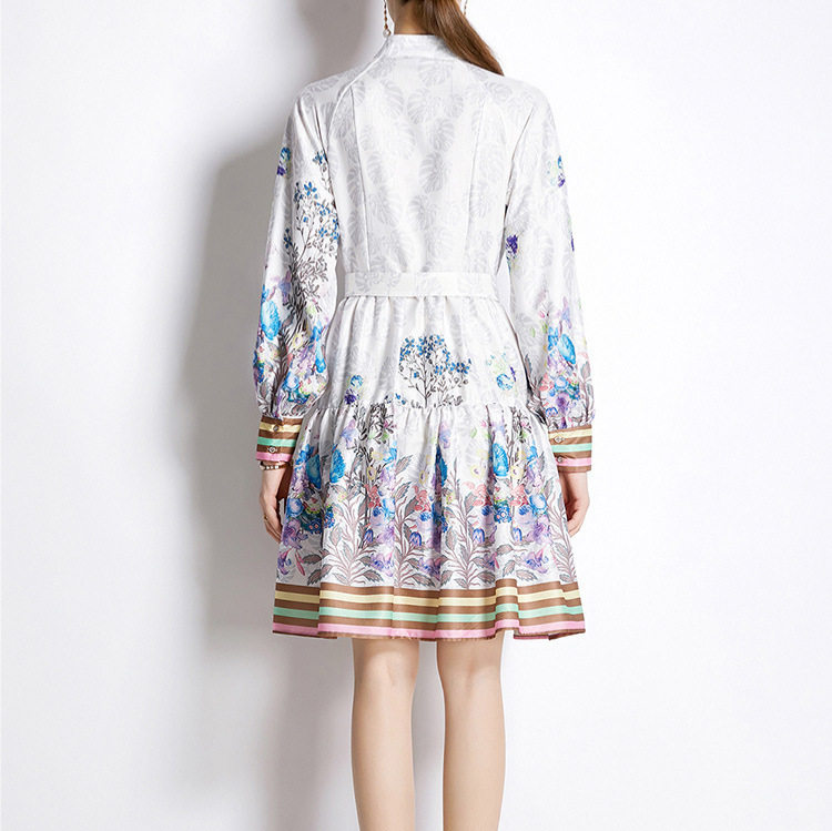 Vintage Inspired Floral Midi Dress Stand Collar Lantern Sleeves Waist Defining Elegant Style Perfect for Autumn