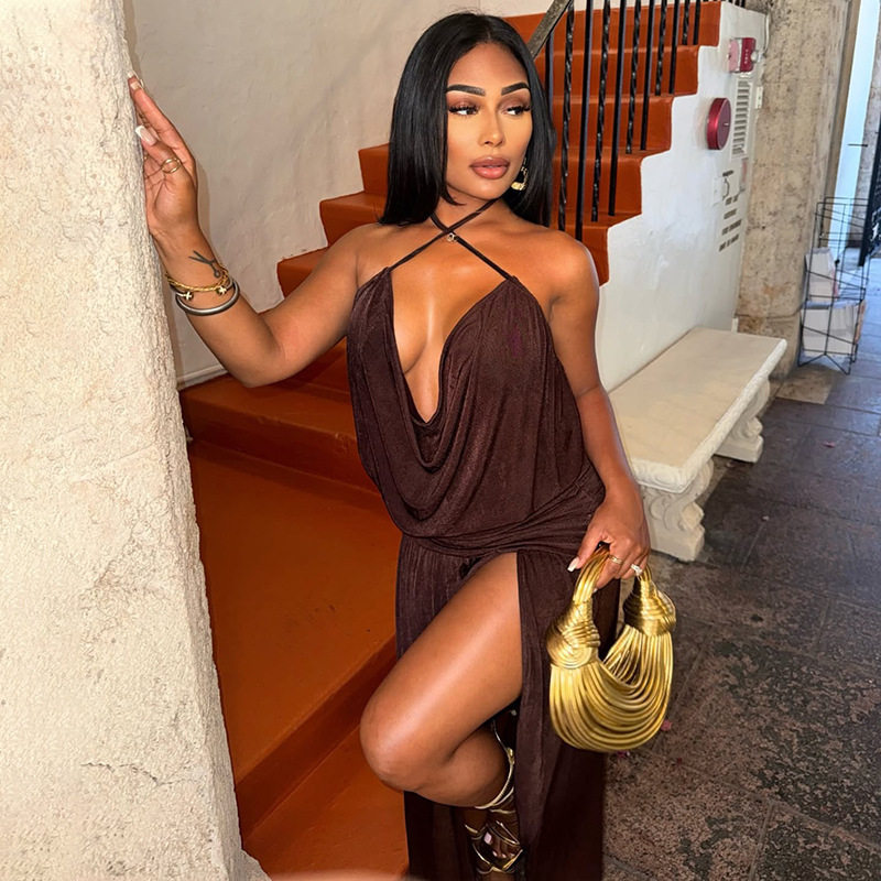 Chic Womens Dress Solid Color Asymmetrical Hem Deep V Neck Halter Neck Bodycon Style Perfect for Parties or