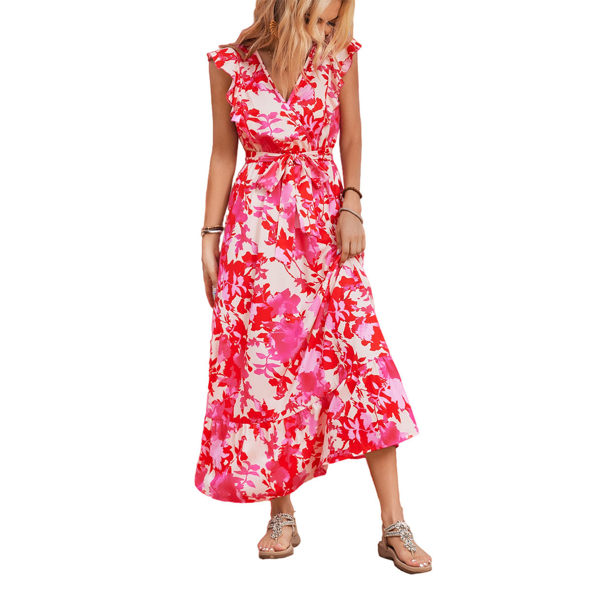 Casual Floral Midi Dress Elegant Design Comfortable Fit Trendy Style Perfect for Spring and Summer Wholesale