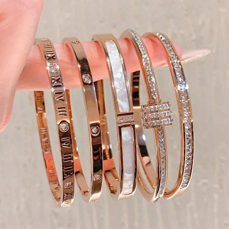 Rose gold titanium steel bracelet women's high-grade bracelet light luxury niche zircon bracelet plain ring bracelet jewelry