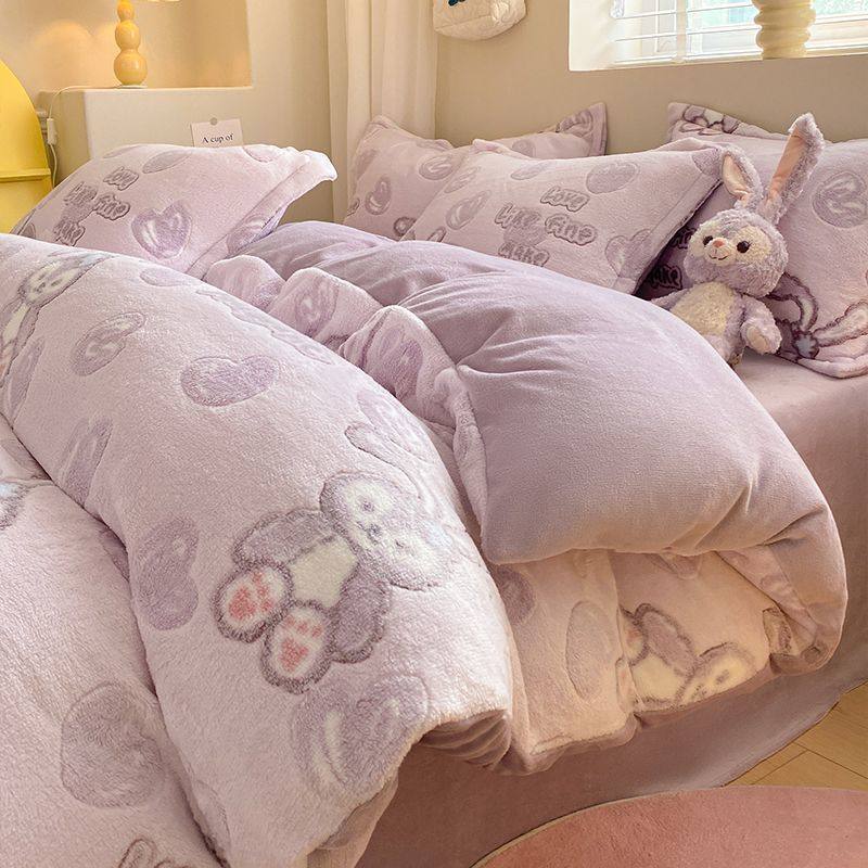 Milk Velvet Four-Piece Set Thickeneded Autumn and Winter Coral Velvet Bed Bed Sheetss Flannel Double-Sided Fleece-Lined Quilt Cover Three-Piece Set