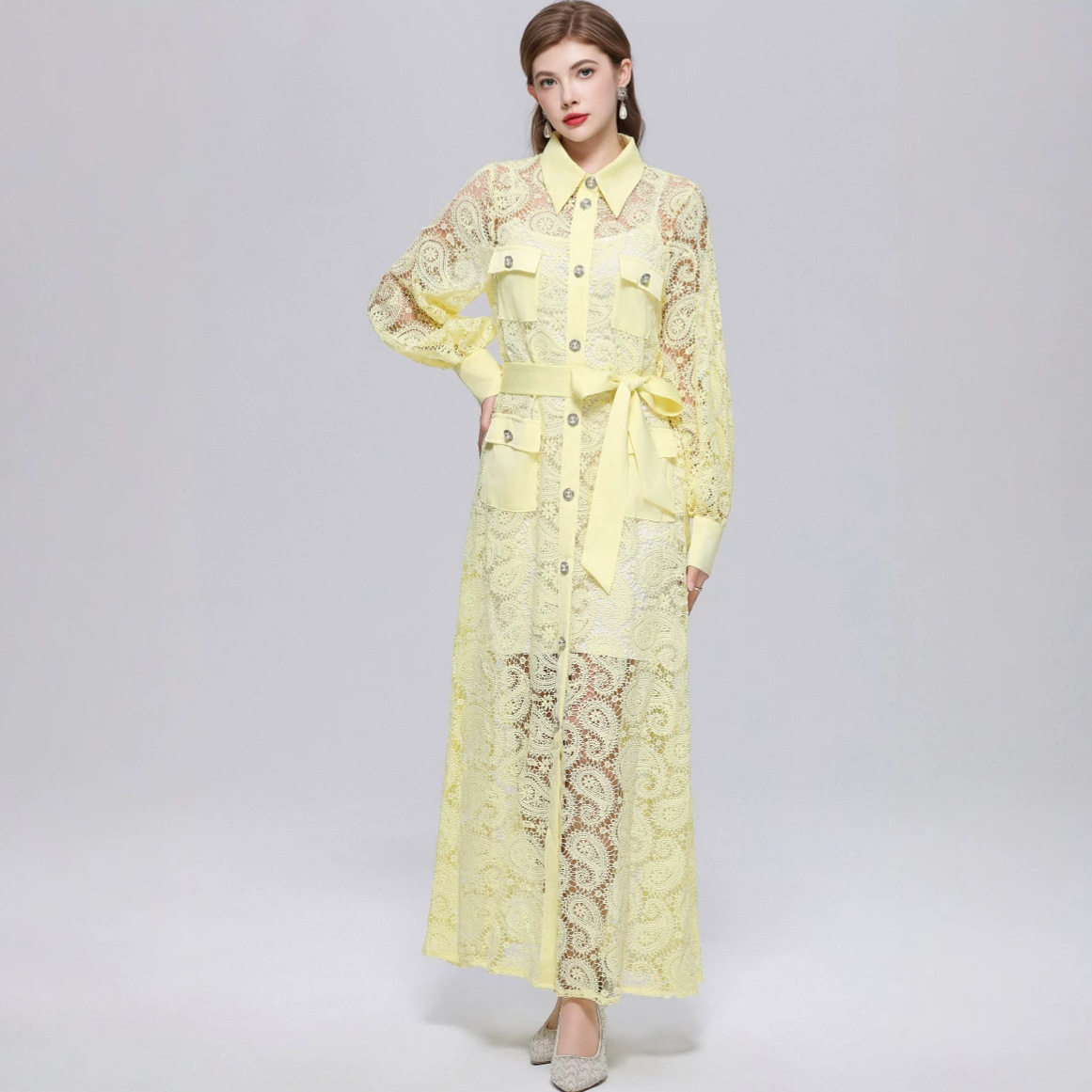 French Romantic Style Lace Dress Stand Collar Lantern Sleeves Slim Fit A Line Silhouette Elegant Summer Occasion