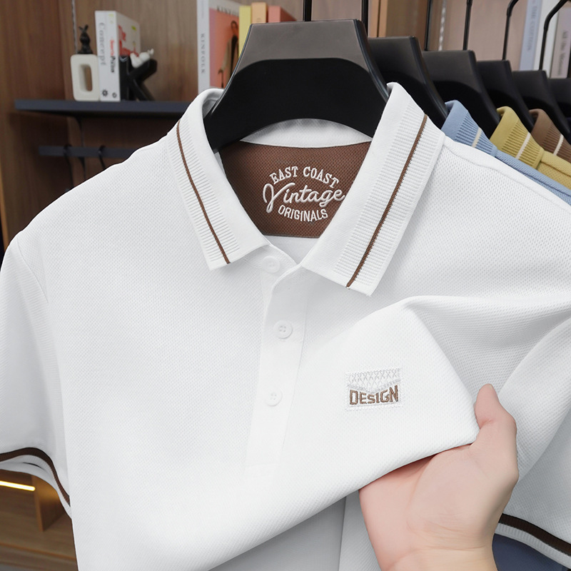 Áo polo nam tay ngắn cotton lưới co giãn thoáng khí chống nhăn — Màu đỏ táo tàu, màu đen, Mễ Hạnh, Xanh tím than