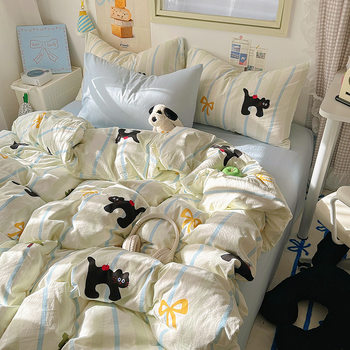 Class A Maternal and Infant Grade Naked Sleeping Cotton Four-piece Set Ins Fresh Washed Cotton Cute Cartoon Cream Style Bed Sheet Quilt Cover