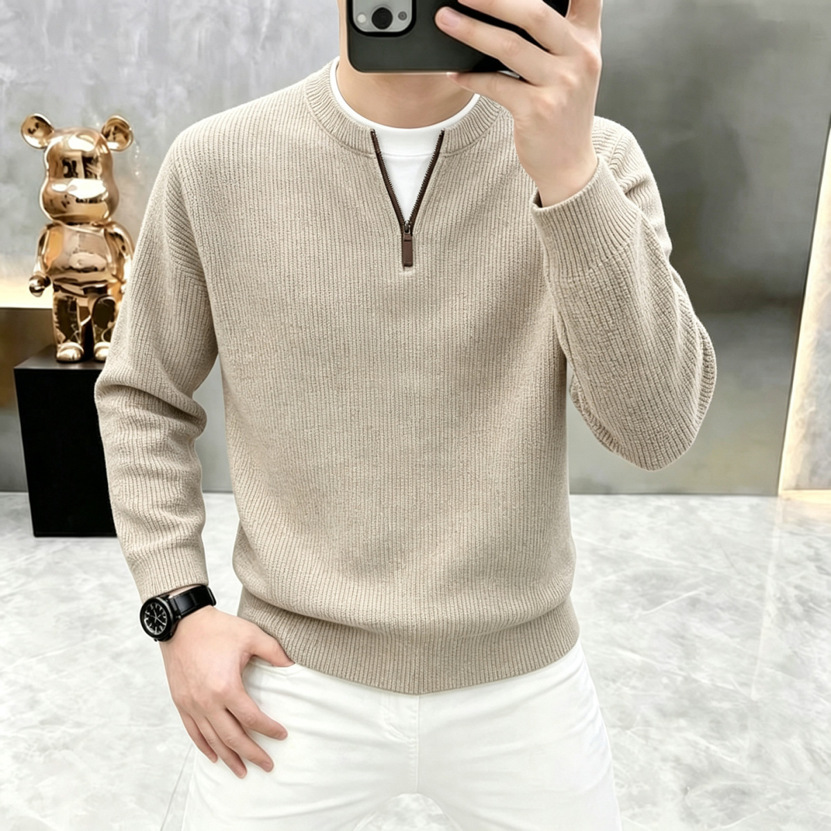 Áo nỉ dệt kim nam khóa kéo nửa thân cổ đứng phong cách công sở — Xanh đen, Màu trắng ngà, Xám nhạt, Xanh đậu