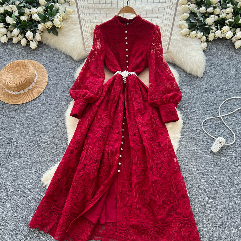 Vintage French Style Embroidered Mesh Dress Beaded Waist Tie A Line Elegant Long Skirt Perfect for Formal Occasions