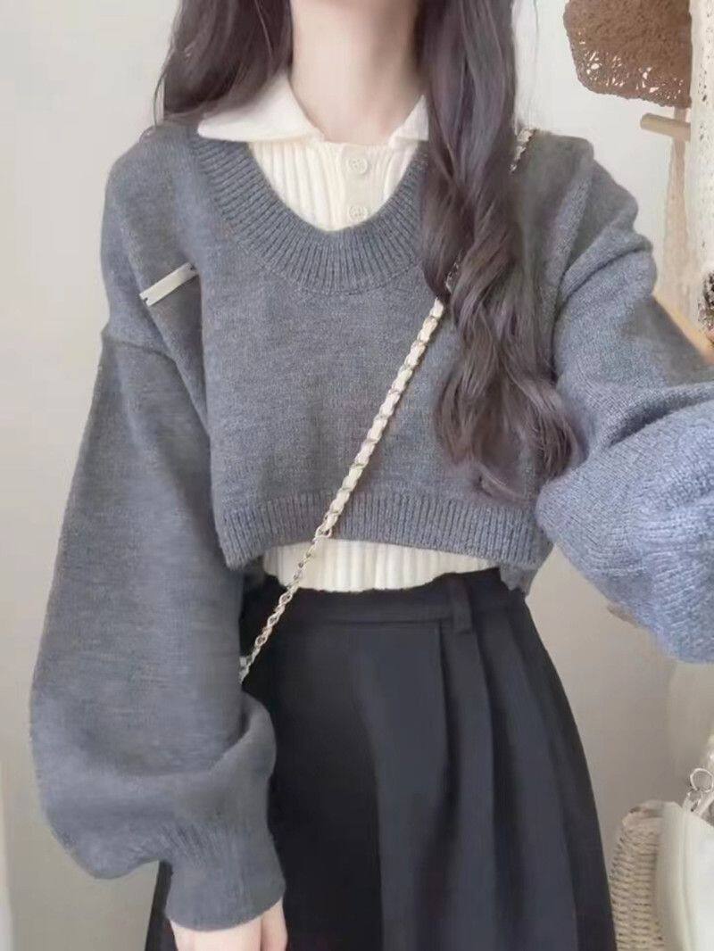 Korean Style Sweater for Women in Autumn and Winter, New Style, Chic Knitted Sweater Top, Versatile Slimming Design, Short Two-Piece Set