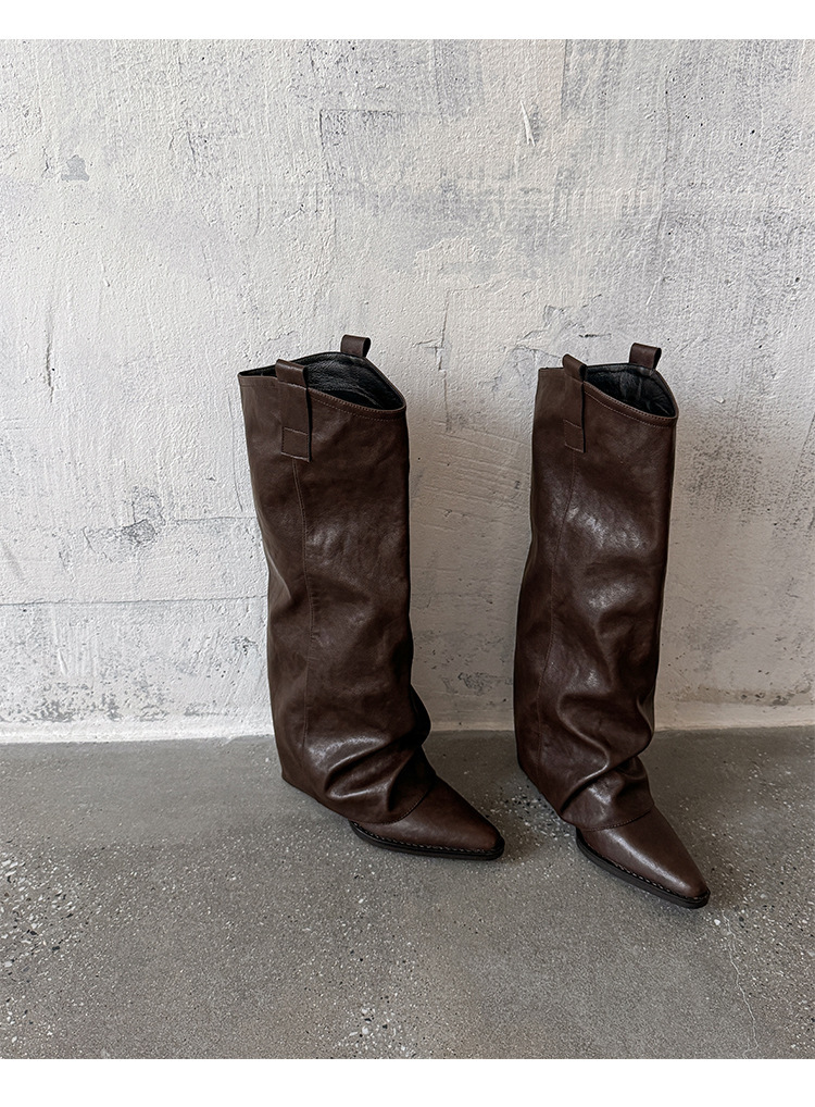 Boot nữ cổ cao gót thô mũi nhọn phối khóa kéo da bò — Lót nhung đen, Lót nhung màu nâu, màu đen, Màu nâu