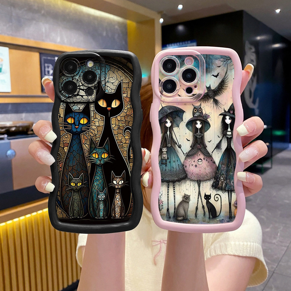 Suitable for Apple iPhone 16Promax Protective Case Black Cat Magic Girl Wavy Edge Anti-Fall Phone Case
