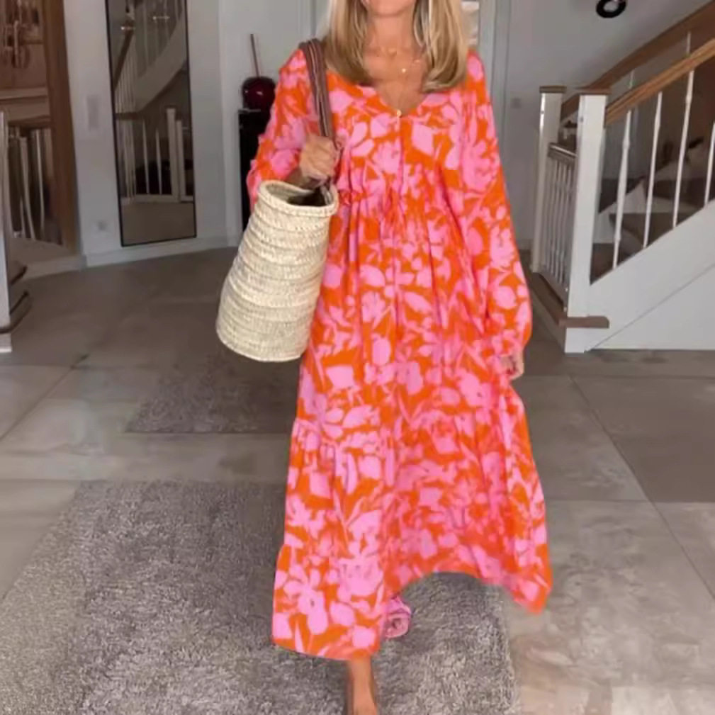 Summer Casual Loose V Neck Long Sleeve Dress for Women Floral Print Perfect for Daily Wear or Vacation Wholesale