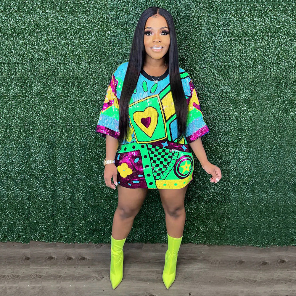 CY9984款欧美时尚圆领半袖宽松珠片印花连衣裙女聚会亮片款夜店风