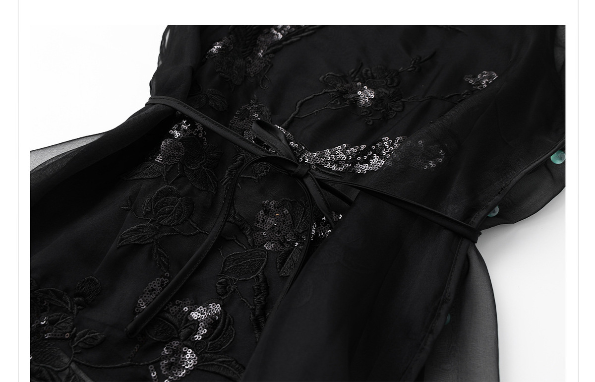 Áo gile nữ thêu họa tiết động vật cổ chữ V dáng thắt dây phối lụa organza