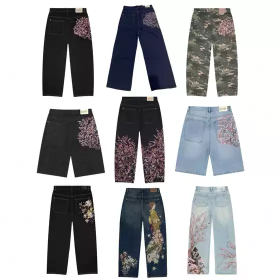 Cross-border foreign trade European and American vintage cherry blossom embroidery heavy-duty fashion street style trendy brand jeans wholesale