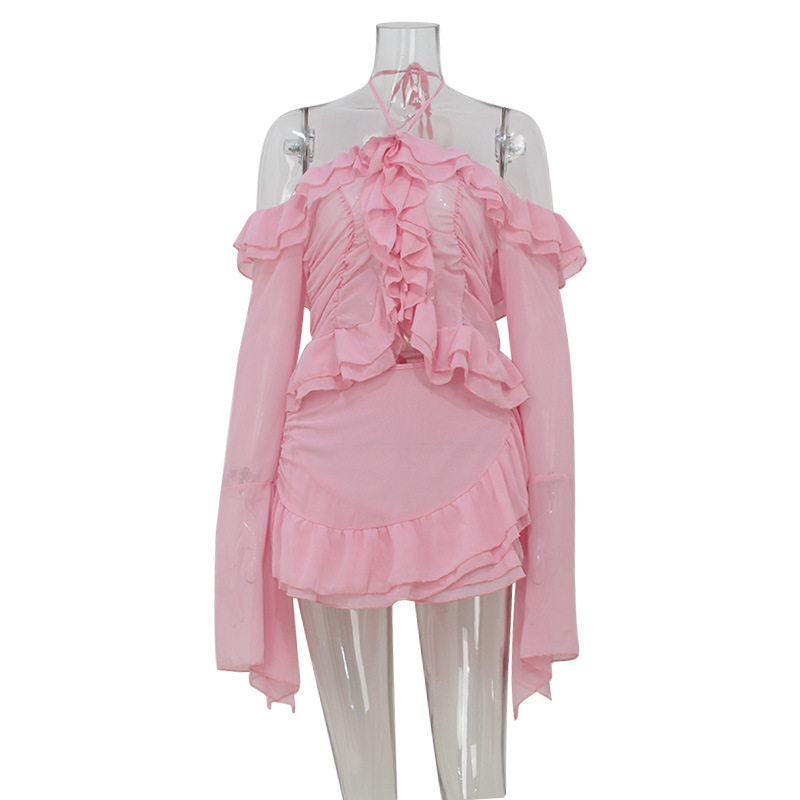 Off Shoulder Long Sleeve Top and Ruffled Hem Skirt Set Elegant Style Summer Fashion for Women Wholesale Available