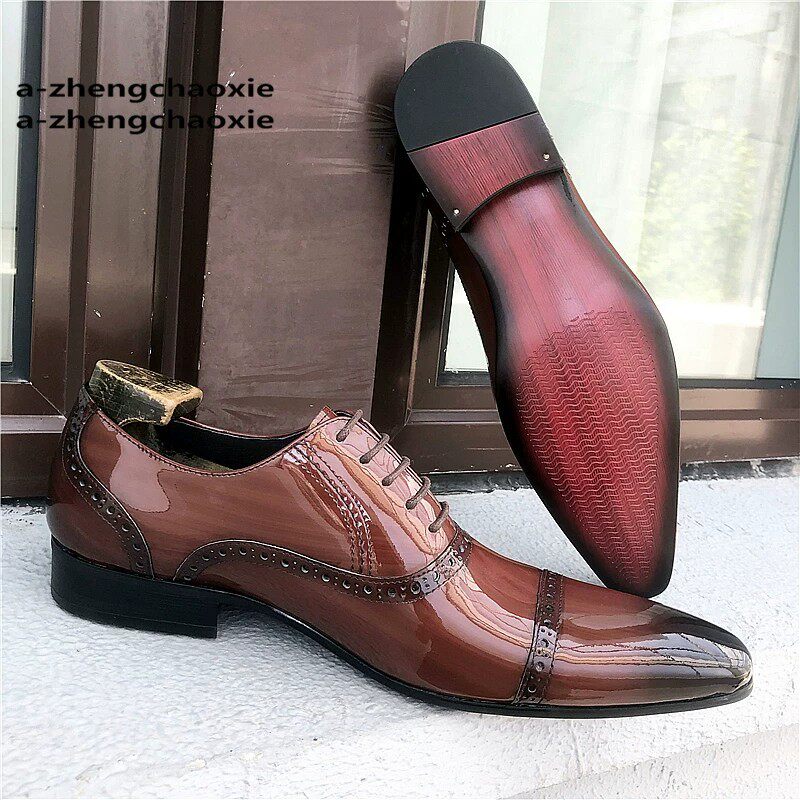 Giày da nam mũi nhọn chạm khắc phong cách Anh Quốc, giày brogue buộc dây đi tiệc và dạo phố — Cà phê ba khúc, Đầu ba khúc màu đen, Khắc hoa văn màu cam, Khắc hoa văn màu đen