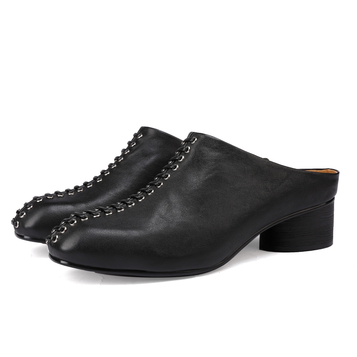 Sandal nữ gót thô bọc mũi da bò thật đế êm phong cách cổ điển — màu đen