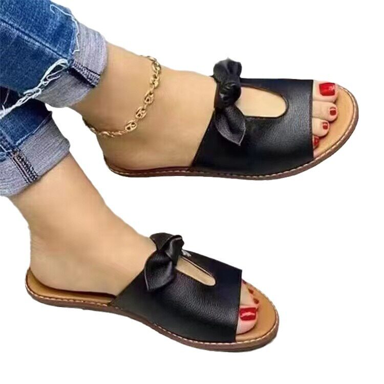 Cross-Border New Summer Women's Flat Slippers with Bow Decoration Wide Strap Slippers Solid Color Large Size Flat Sandals