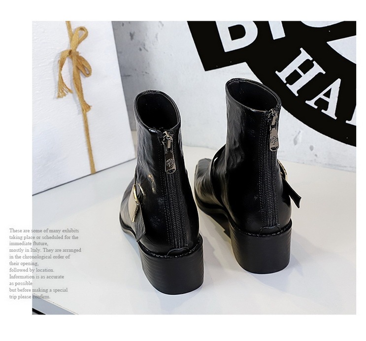 Boot nữ cổ thấp gót vừa mũi nhọn khóa kim loại phong cách Âu Mỹ — Lớp lót nhung đen, Lớp lót nhung màu nâu sẫm, Màu đen, Màu nâu đậm