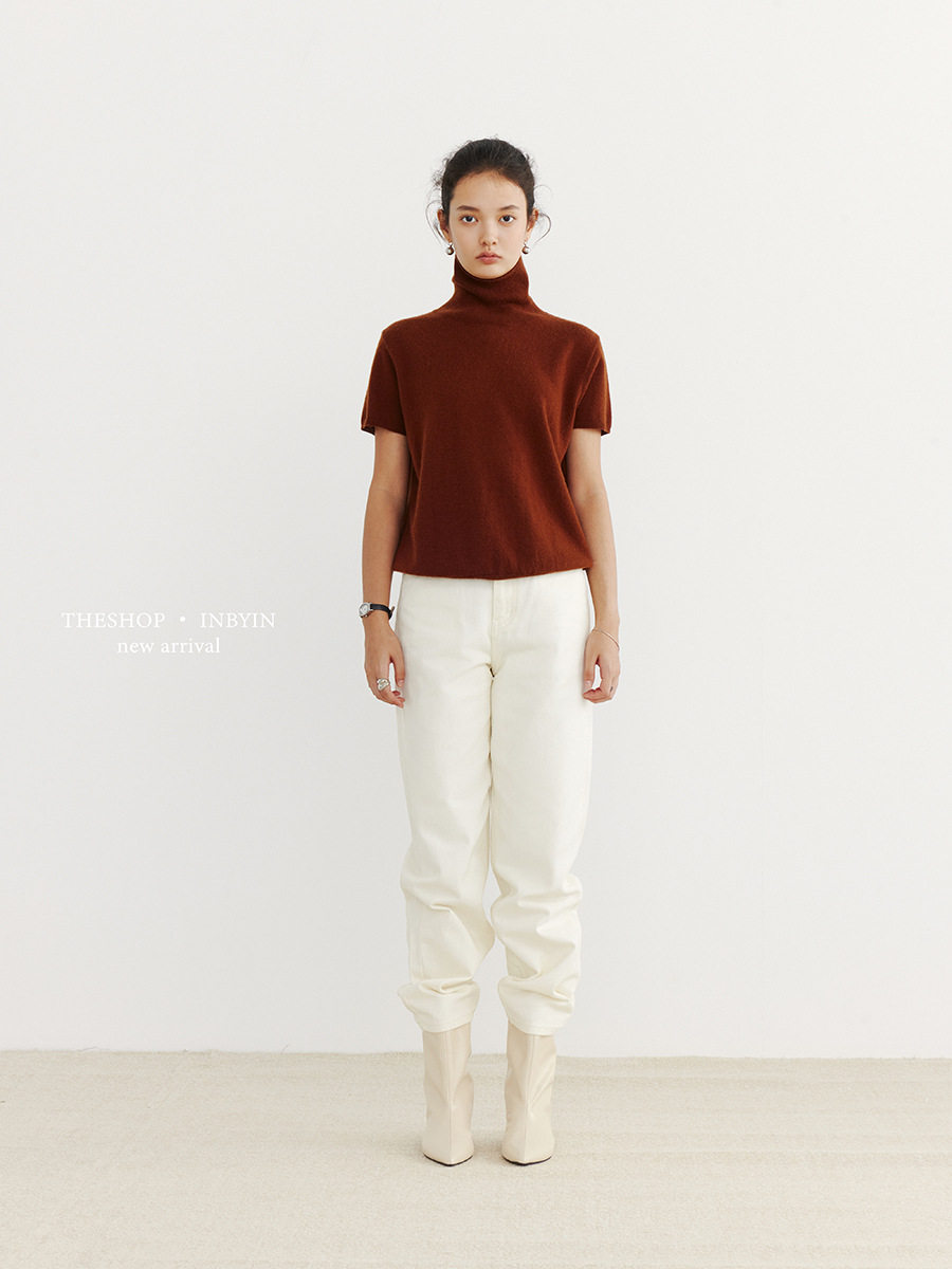 Yienou Inbyin 100% Pure Wool Knitwear Pullover Turtleneck Top for Women Autum Simple Short-Sleeved Knitwear for Women