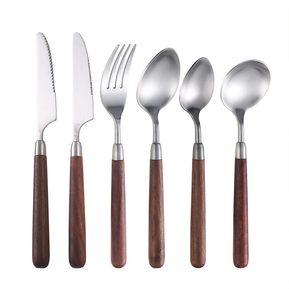304 Stainless Steel Knife, Fork and Spoon Tableware Set Walnut Handle Household Western Tableware Steak Knife and Fork Dessert Spoon and Fork