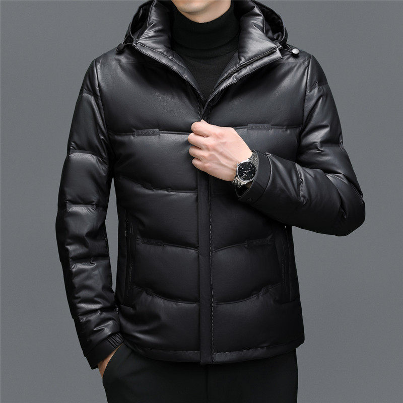 Haining men's sheepskin mid-length hooded white duck down casual down jacket warm real leather jacket winter