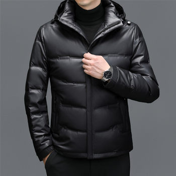 Haining men's sheepskin mid-length hooded white duck down casual down jacket warm real leather jacket winter
