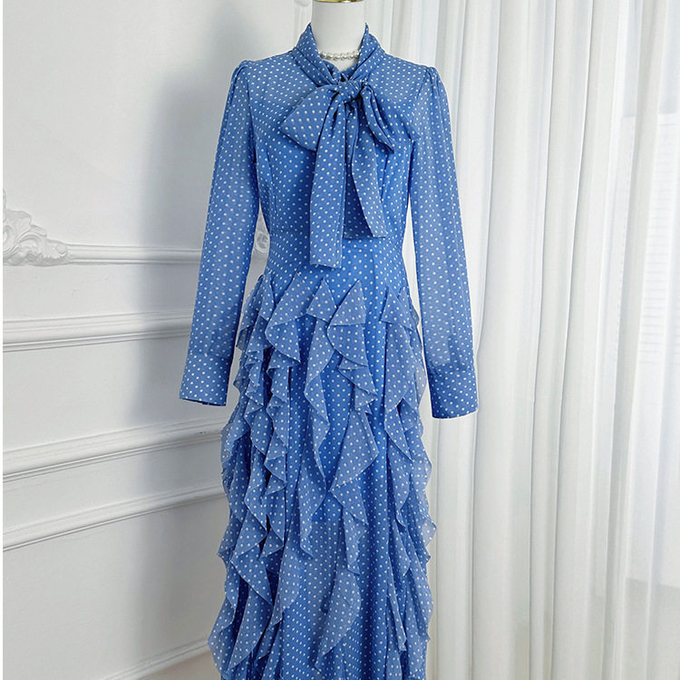 French Court Style Polka Dot Mermaid Maxi Dress Ruffled Hem Waist Defining Scarf Collar Elegant Evening Wear