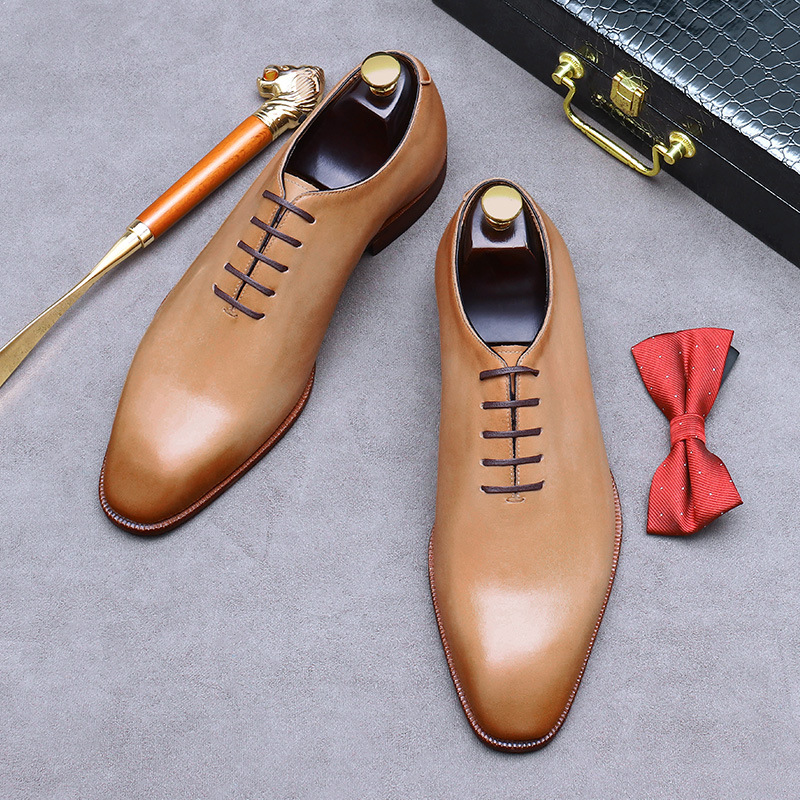 Giày Oxford nam da bò nguyên tấm lót da thật, giày công sở lịch lãm — Màu xanh lục nhạt, Màu vàng đất