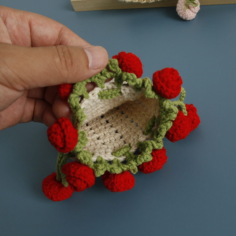 Sweet Cartoon Hand-Woven Rose Bouquet Pocket, Wool Crocheted Literary Coin Purse, Bank Card Storage Pocket