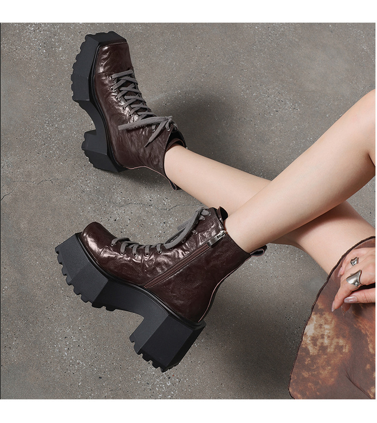 Boot Martin nữ đế dày 9cm mũi vuông gót thô tăng chiều cao — Màu đen lót một lớp, Màu đen lót nhung, Màu nâu lót một lớp, Màu nâu lót nhung