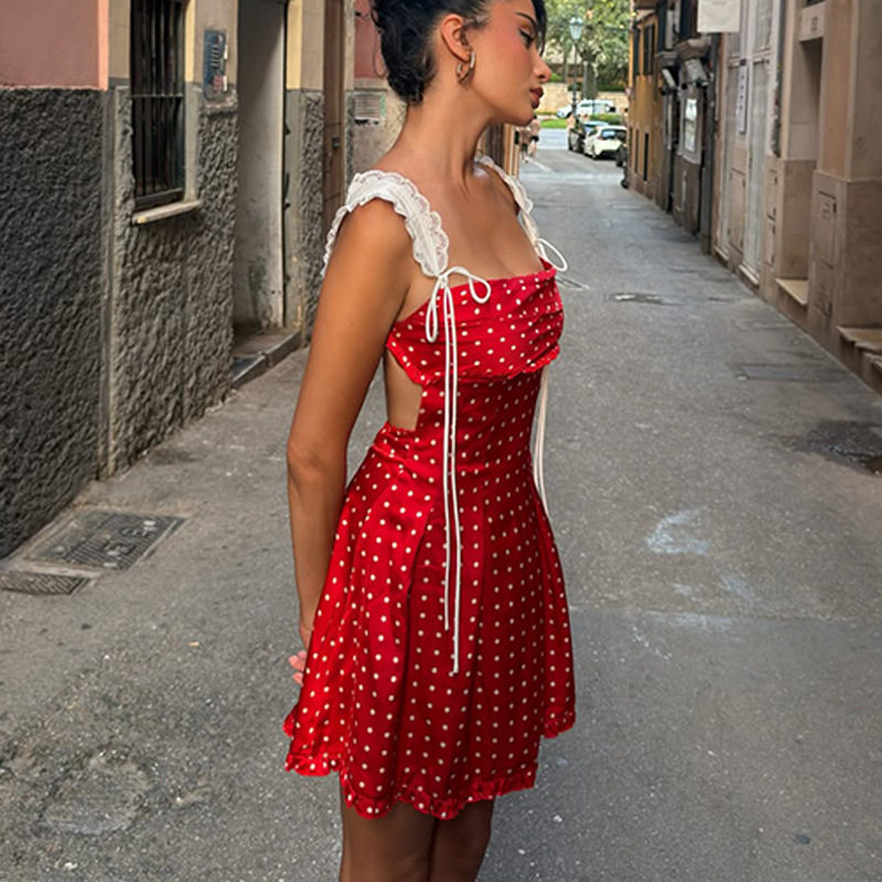 French Style Polka Dot A Line Dress Satin Feel Waist Defining Backless Lace Details Perfect for Summer Events