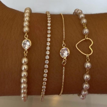 European and American Cross-Border New Style Dot Rhinestone Cut Out Peach Heart Bracelet Creative Retro Imitation Pearl Full Diamond Bracelet Set 4 Pieces