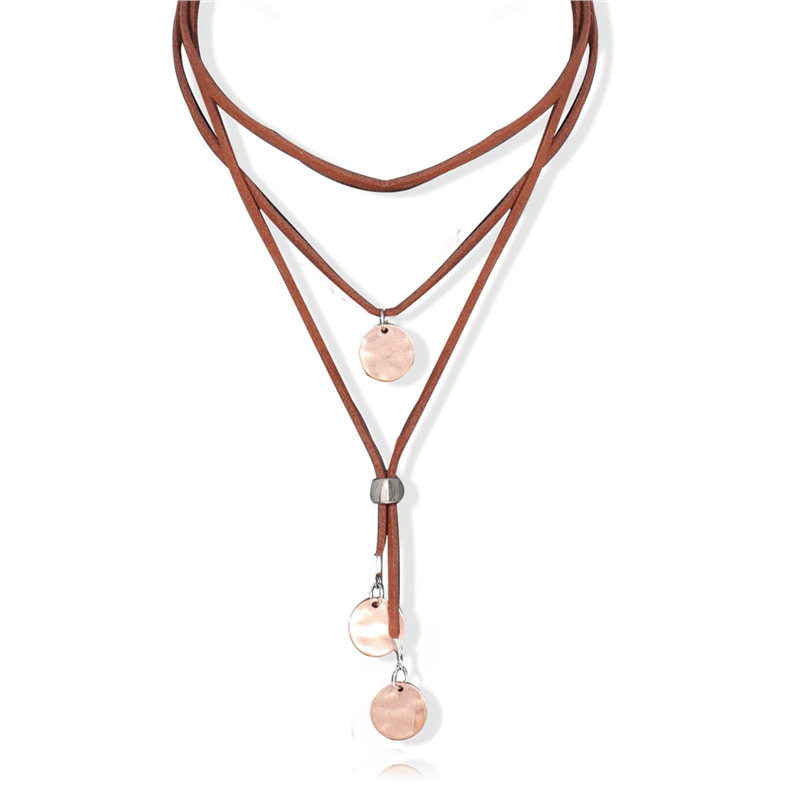 European and American New Bohemian Style Leather Necklace Round Brand Pendant Long Body Chain Multi-layer Brown Leather Neck Chain