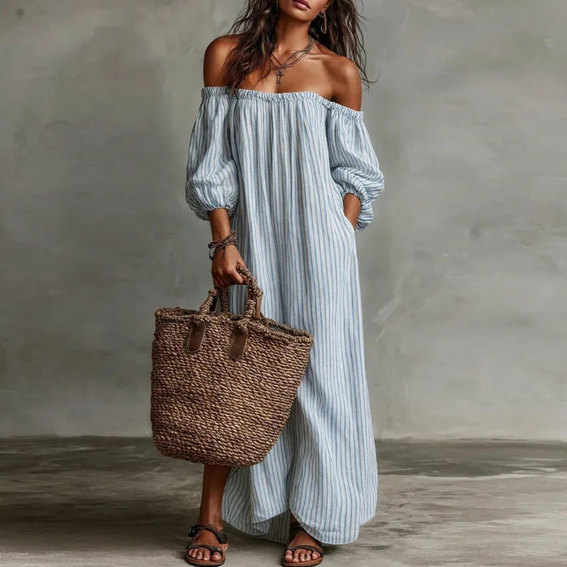 Off Shoulder Maxi Dress Solid Color Casual Loose Fit Summer Style Perfect for Vacation and Relaxation Wholesale