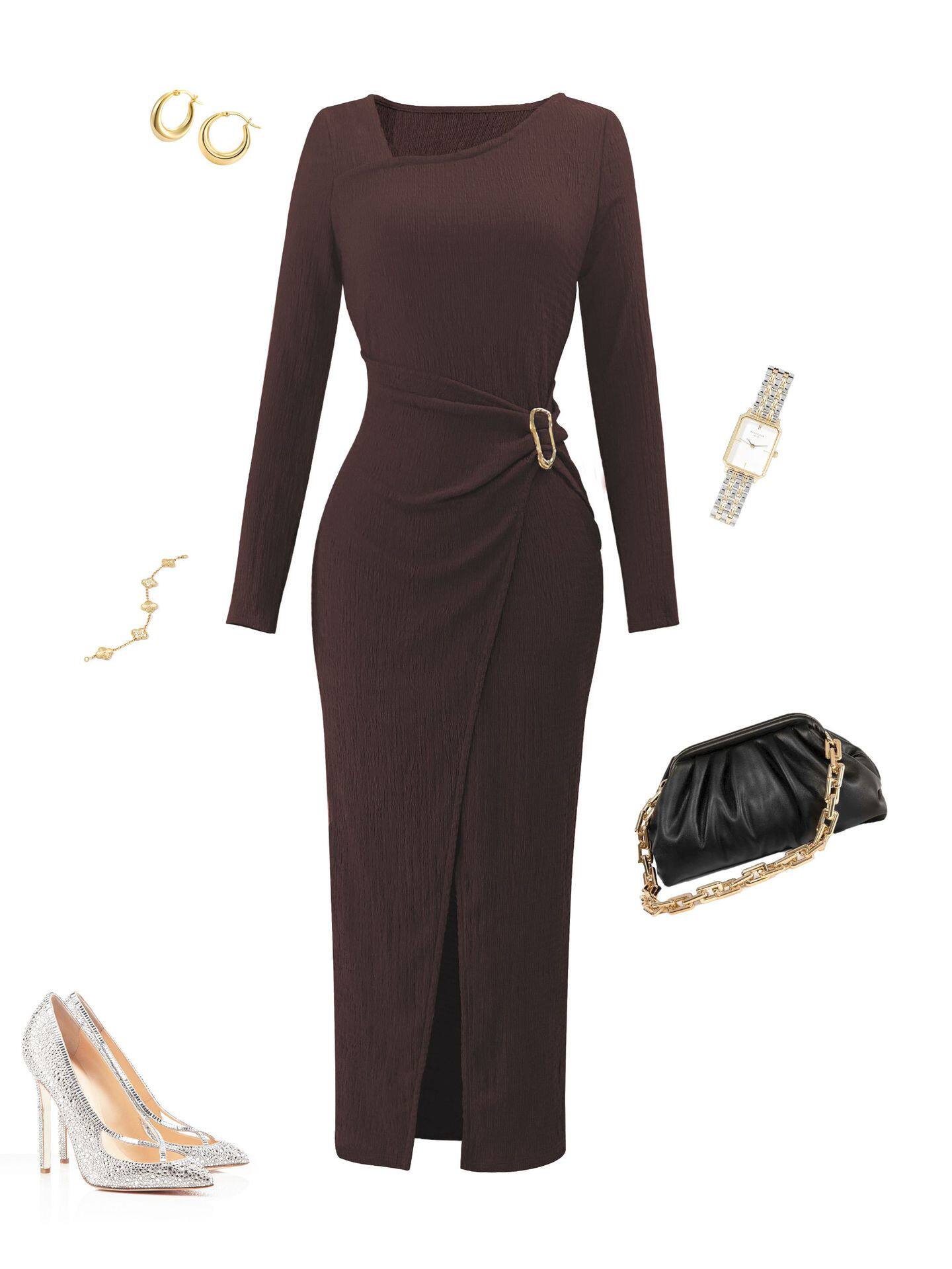 Slim Fit Knitted Dress for Women Deep Brown Color Asymmetrical Neckline Metal Ring Detail Side Slit Long Sleeve