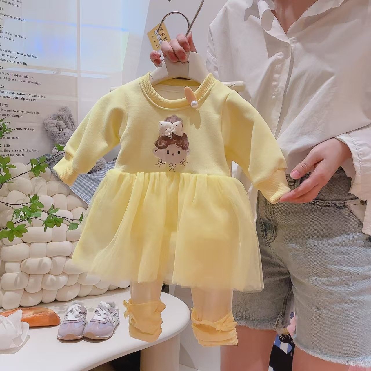 Girls' Cartoon Set, New Autumn Baby Mesh Patchwork Hoodie & Stacked Leggings Two-Piece Outfit