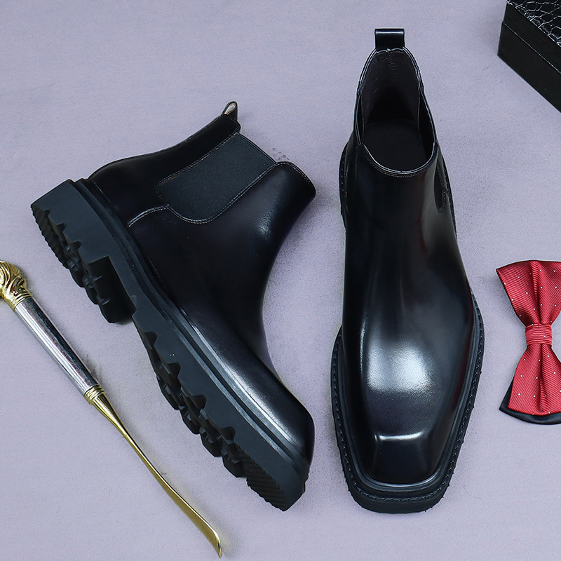 Boot Chelsea nam da bò cổ thấp đế dày phong cách công sở — Lớp lót lông cừu màu nâu cà phê, Màu đen, Lót lông cừu màu đen, Màu cà phê
