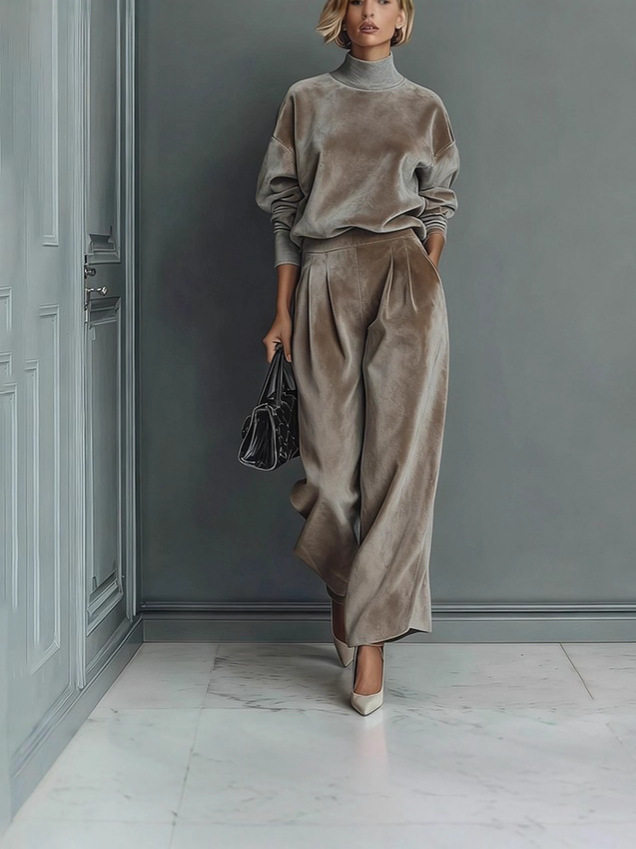 European and American Cross-Border Foreign Trade Women's Clothing Autumn and Winter Fashion Casual Sports Suit Velvet Long-Sleeve Solid Color High-Neck Wide-Leg Pants