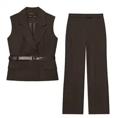 Foreign Trade Cross-Border Women's Clothing 2025: Belted Sleeveless Versatile Stylish Vest + High-Waisted Straight-Leg Pants 8073361