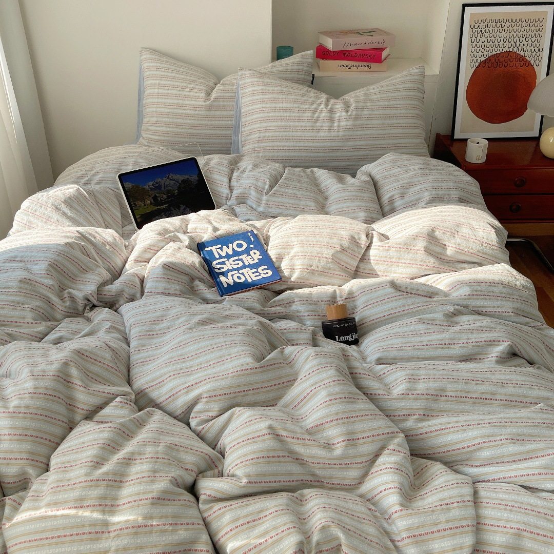 Spring and Autumn Striped Cotton Four-piece Set Yarn-dyed Jacquard Washed Cotton Quilt Cover Bed Sheet Dormitory Three-piece Bedding