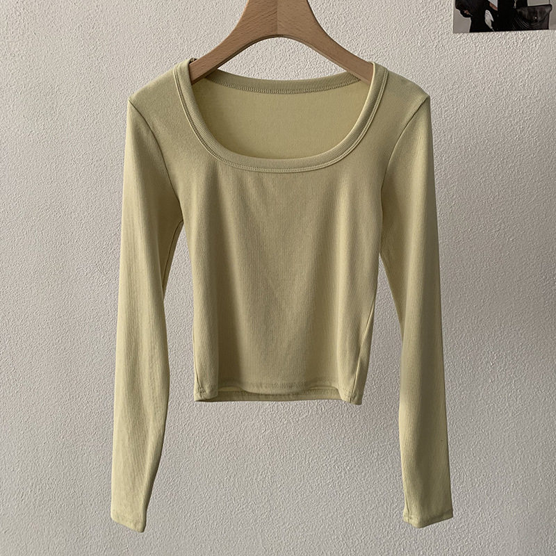 欧玛莱 方领露锁骨纯色螺纹棉修身显瘦长袖短款T恤上衣女6210,淘宝优惠券,粉丝福利购,淘宝优惠卷