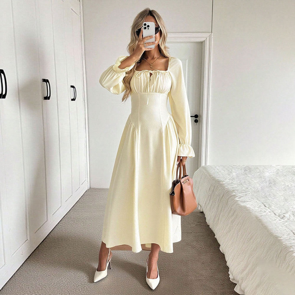 Womens A Line Long Sleeve Dress Square Neck Tie Waist Pleated Flattering Fit Elegant Casual Wear for Spring Fall
