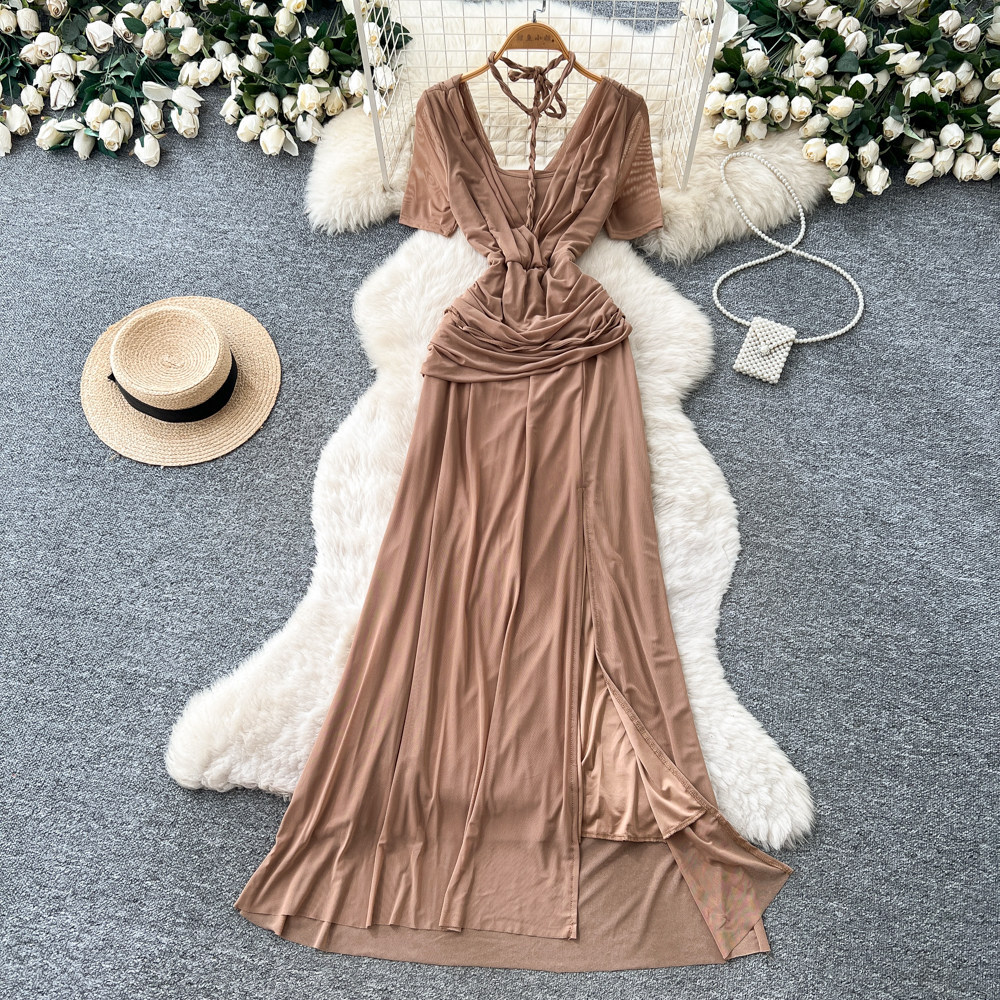French Elegant V Neck Short Sleeve Dress Summer Slim Fit Waist Defining Sheer Long Skirt Perfect for Office Wear