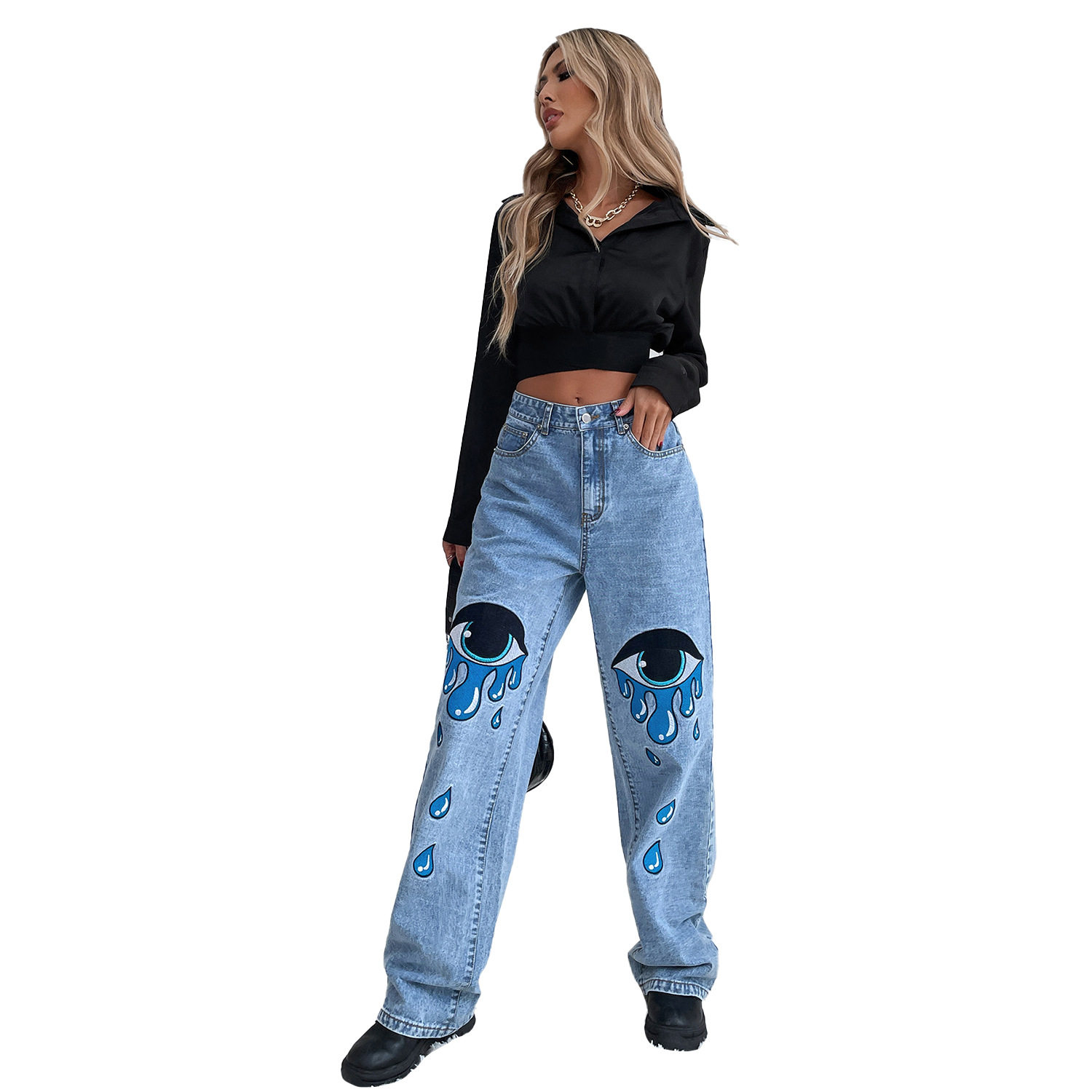 High Waisted Straight Leg Jeans Fashionable Print Trendy Style Casual Wear Wholesale Availability