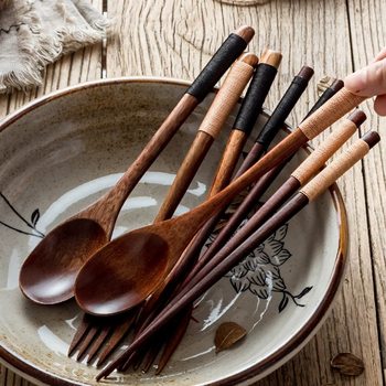 Japanese-style portable chopsticks spoon and fork three-piece set adult wooden oval tableware set long handle spoon and fork chopsticks set