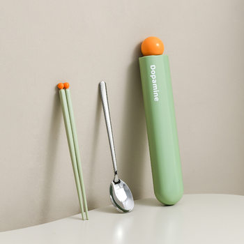 Dopamine Portable Tableware 304 Stainless Steel Spoon Chopsticks suit Cute Office Student Tableware Storage Box