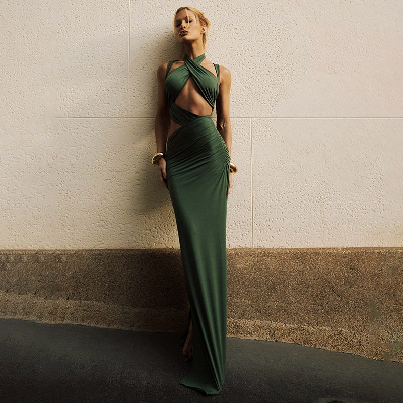 Cross Back Halter Dress Sexy Hollow Out Bodycon Fit Mermaid Hem Autumn Winter Fashion Wholesale Available