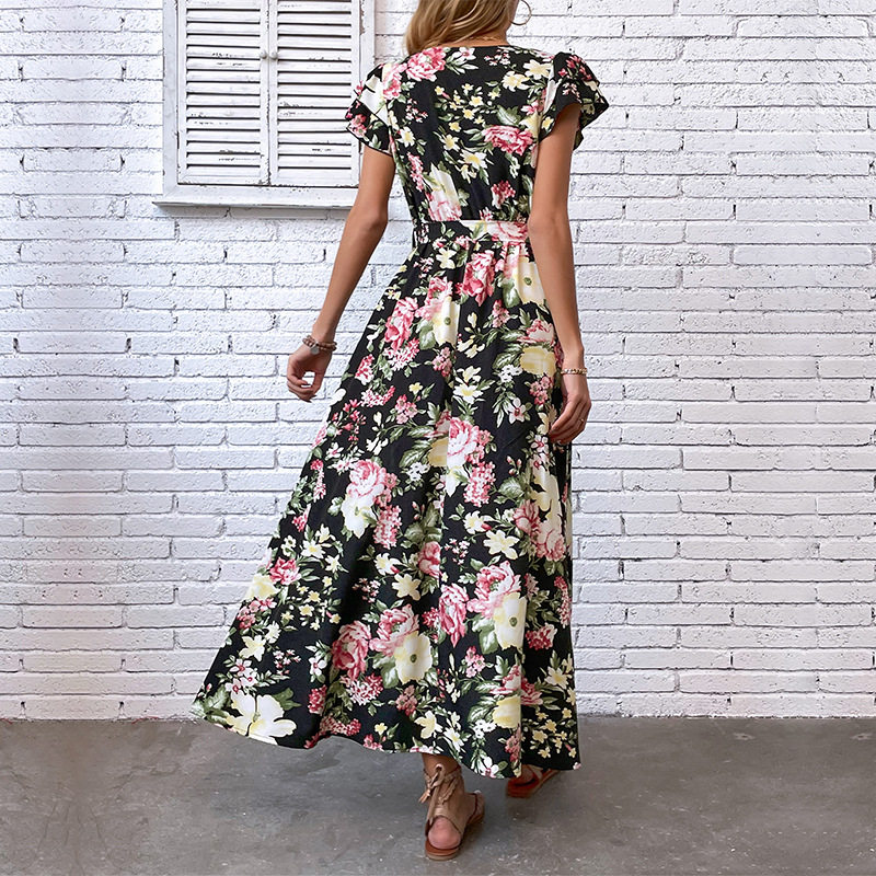 Summer Floral Maxi Dress Mid Length Split Design Lightweight Fabric Beach Vacation Wear Wholesale Available